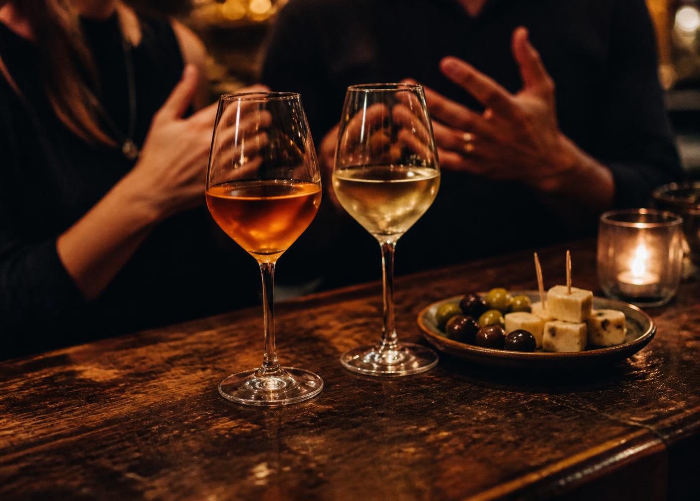 Dos copas de vino, una naranja y una blanca, sobre la barra de madera junto a un platito de aceitunas y queso