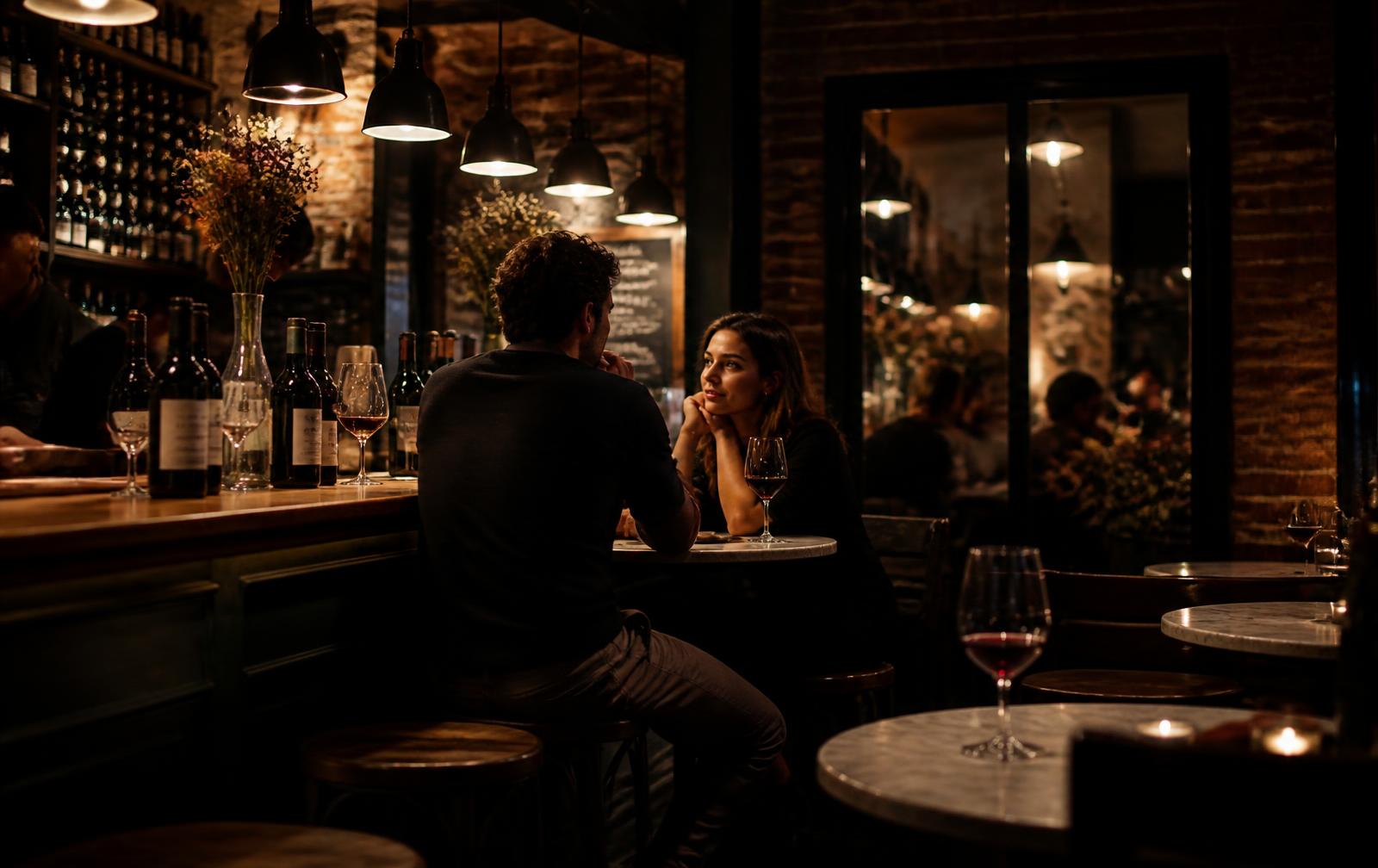 Interior de El Lobo Wine & Music Bar en Madrid con luz cálida, copas de vino y estantes de botellas